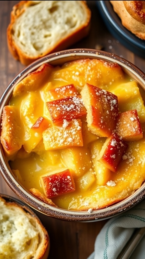 Giada A bowl of golden brown bread pudding dusted with powdered sugar, served in a rustic kitchen setting.